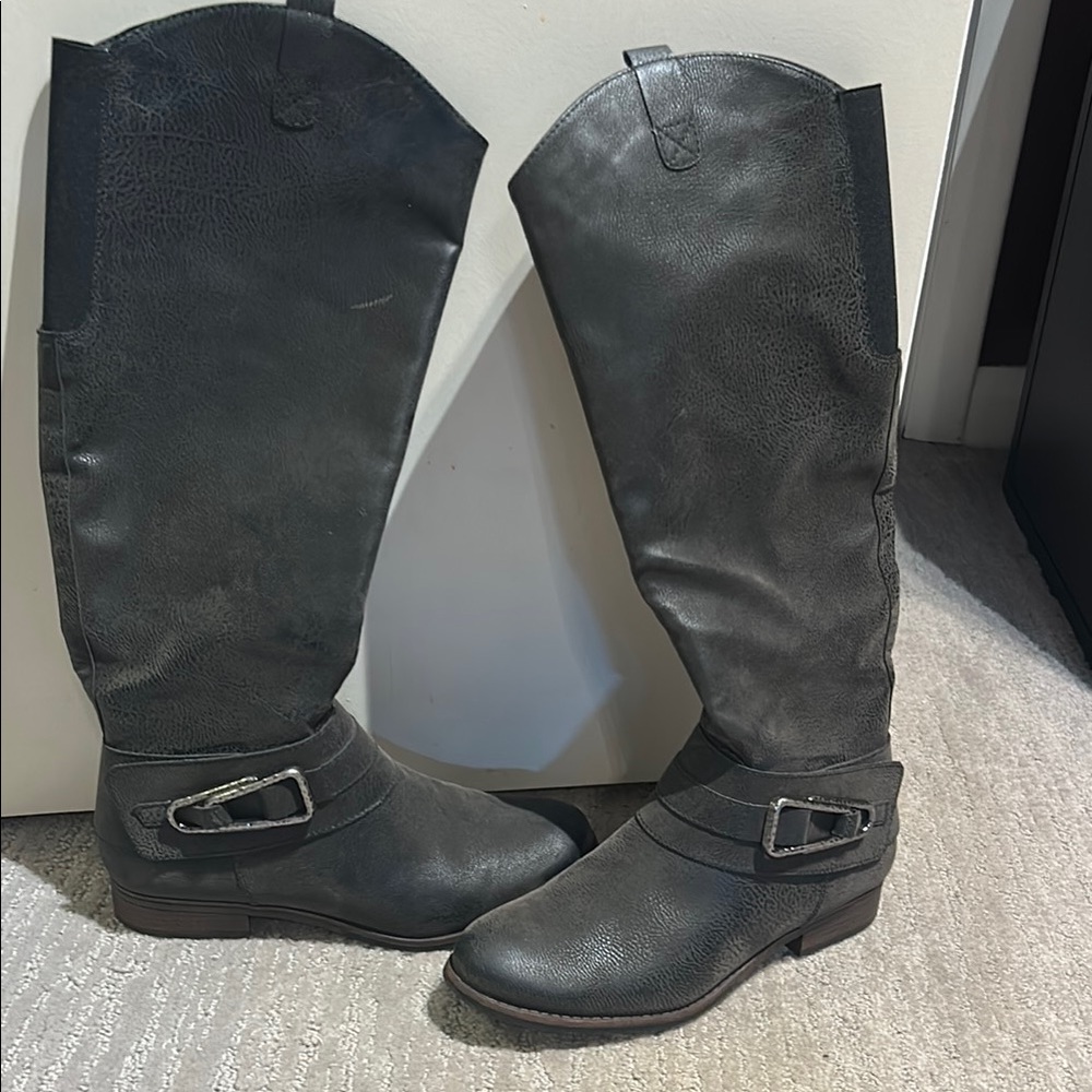 Crown Vintage Black Over the Knee Boots with Buckle Detail